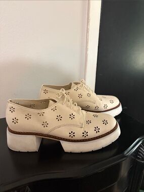 Cream Perforated Lace-Up Platform Oxfords